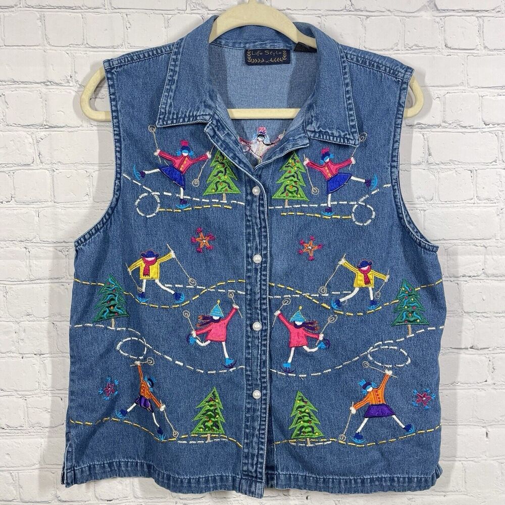 Life Style Vest Chambray Shirt Women XL Blue Embroidered Collard Denim Top